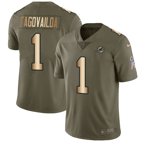 Nike Miami Dolphins #1 Tua Tagovailoa Olive Gold Youth Stitched NFL Limited 2017 Salute To Service Jersey